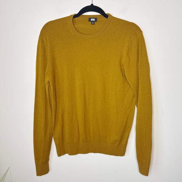 UNIQLO 100% Wool Crew Neck Dark Mustard Medium Sweater Minimalist Classic Chic - Picture 1 of 8